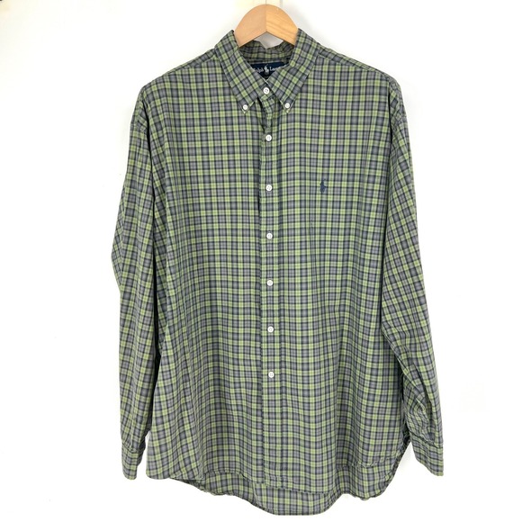 Polo Ralph Lauren Blake Button Down Dress Shirt Mens XXL Green Navy Plaid Cotton - Picture 1 of 13